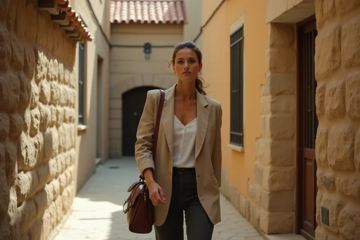 Actrice marchant dans une ruelle en pierre évoquant les décors de la série Homeland saison 8