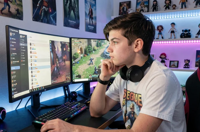Adolescent concentré sur Discord dans sa chambre de gamer avec des messages en argot internet comme btbf