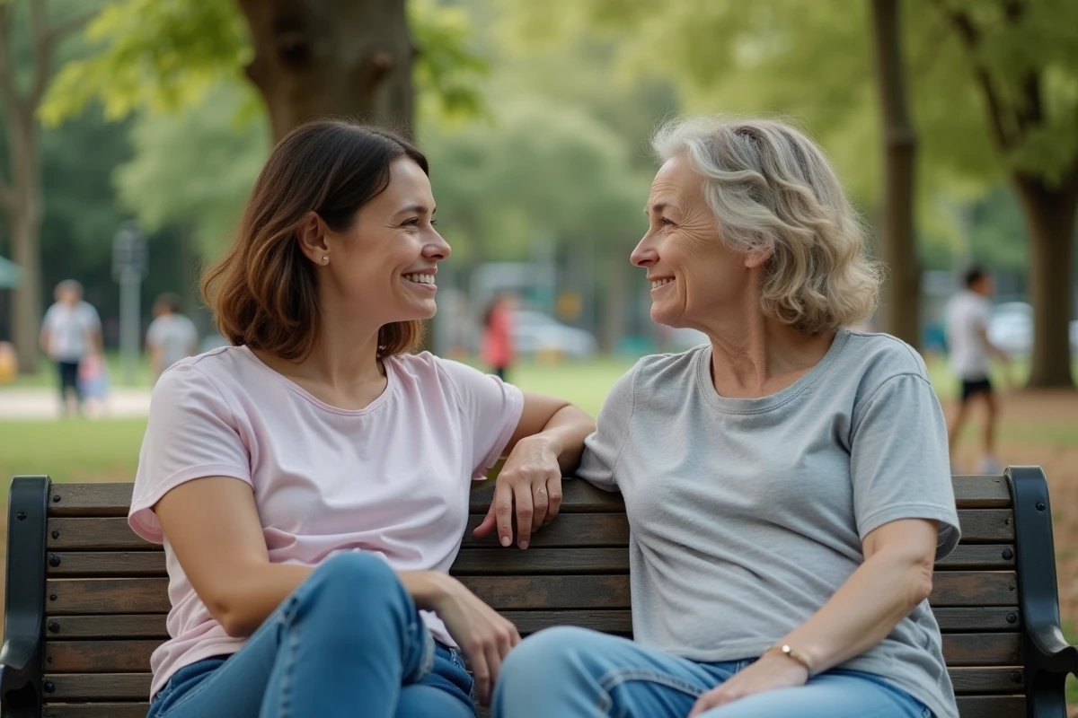 Deux femmes discutant sur un banc dans un parc urbain