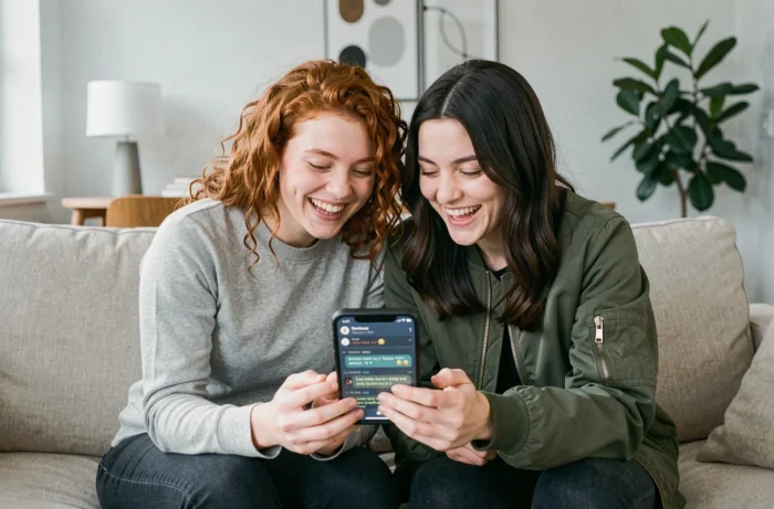 Deux amies riant en lisant des messages Discord avec des abréviations comme btbf sur un smartphone