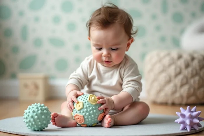 Bébé de 8 mois tenant et explorant une balle sensorielle à textures multiples en silicone de couleur pastel