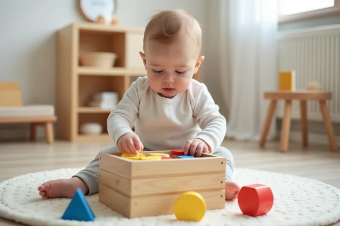 Bébé de 8 mois insérant une forme géométrique en bois colorée dans une boîte à formes en bois naturel