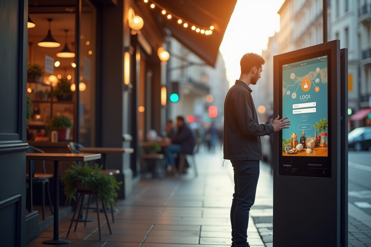 Personne se connectant sur un kiosque digital en ville