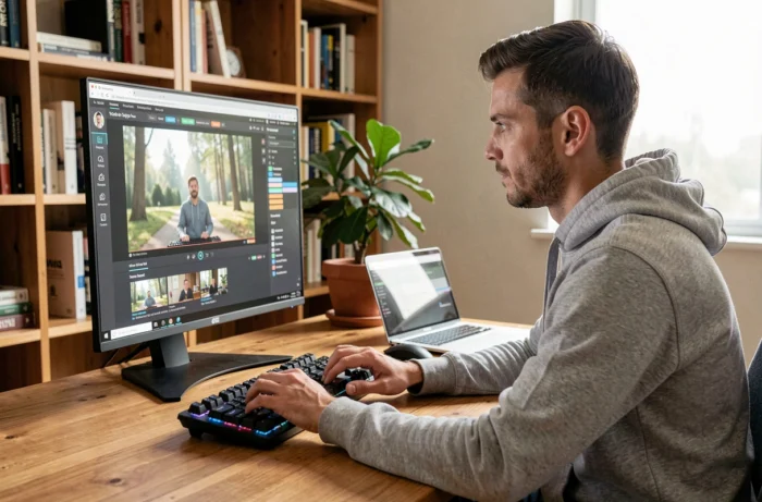 Homme utilisant un logiciel de capture vidéo en streaming sur son ordinateur à domicile
