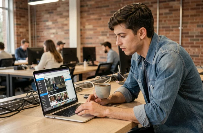 Jeune homme capturant une vidéo en streaming sur un ordinateur portable dans un espace de coworking