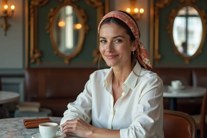 Femme portant un carré gavroche Hermès en bandeau sur un chignon dans un café parisien avec une chemise blanche