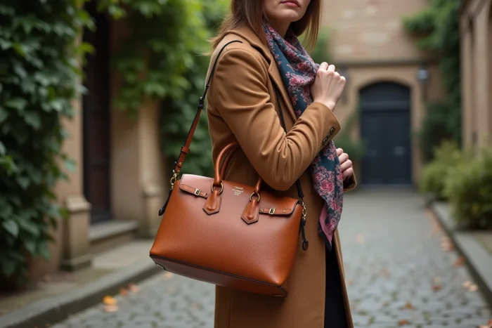 Femme nouant un carré gavroche Hermès sur l'anse d'un sac en cuir camel dans une cour pavée parisienne