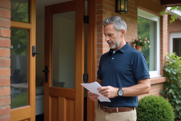 Propriétaire masculin examinant un verrou connecté sur une porte d'entrée en chêne pour sécuriser son habitation