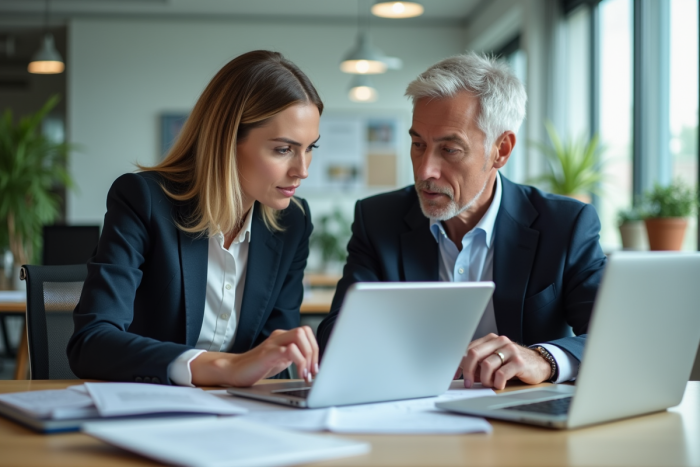 Homme et femme en tenue professionnelle collaborant au bureau