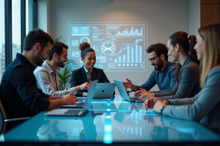 Groupe de professionnels collaborant autour d'une table moderne avec tableau de bord holographique