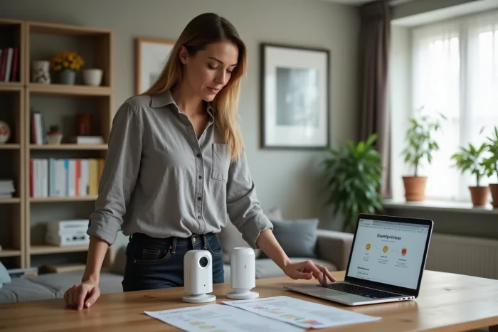 Femme comparant des caméras de surveillance intérieure sur une table pour équiper sa maison en sécurité