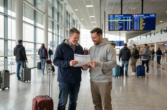 Couple à l'aéroport prêt à partir en voyage avec valises et liste de voyage