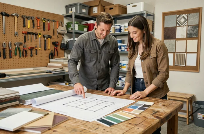 Couple étudiant des plans de rénovation sur un établi dans un garage aménagé en espace de planification de travaux