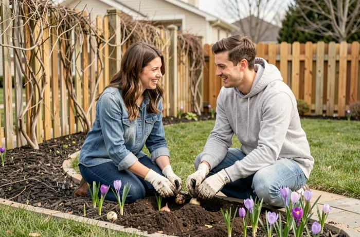 Jeune couple plantant des bulbes de printemps ensemble dans un jardin de maison avec une bordure de fleurs fraîchement paillée