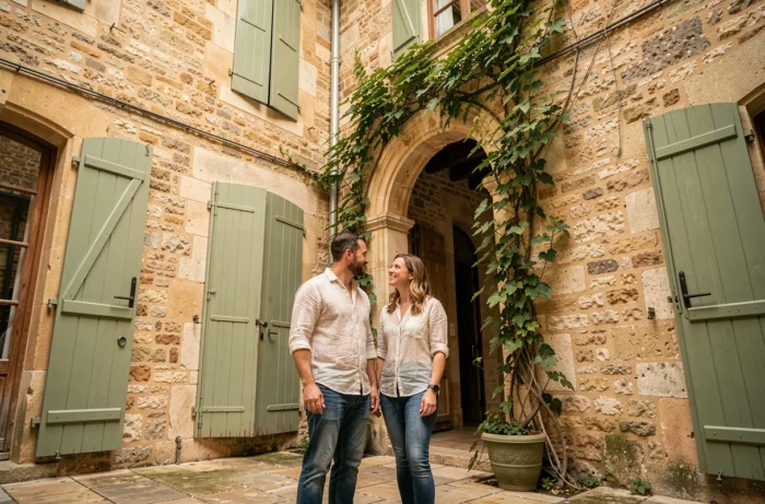Couple visitant la cour intérieure d'une maison de maître rénovée en Charente avec volets verts et murs en pierre
