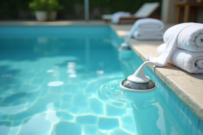 Gros plan sur un distributeur de magnésium flottant dans une piscine à l'eau cristalline