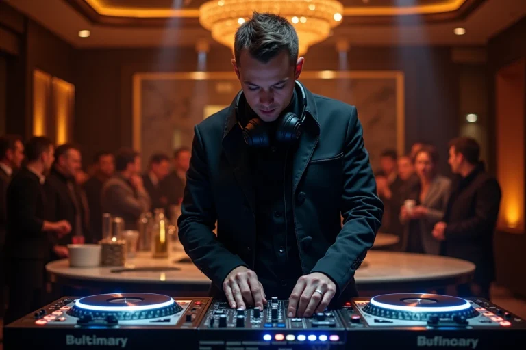 DJ professionnel derrière sa console dans une soirée privée haut de gamme