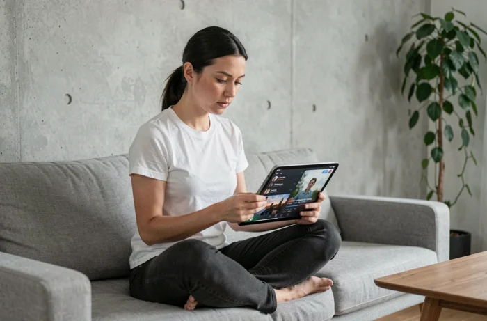 Femme enregistrant une vidéo en streaming sur une tablette dans un salon moderne