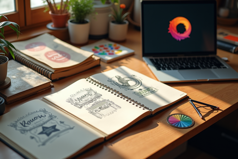 Espace de travail créatif avec croquis et logo