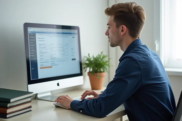 Étudiant en train de télécharger ses documents sur la plateforme eCandidat de l'Université de Haute-Alsace depuis son domicile