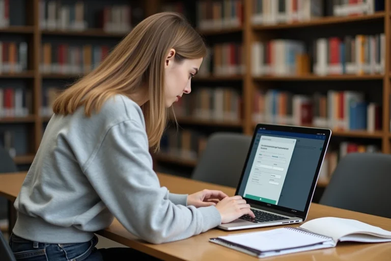Étudiante déposant son dossier de candidature en ligne sur la plateforme eCandidat UHA Mulhouse depuis une bibliothèque universitaire