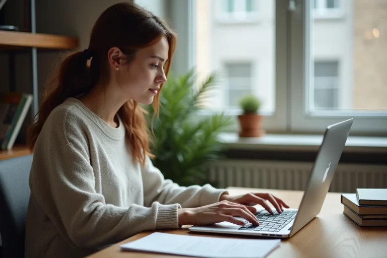 Etudiante concentrée utilisant l'application Comptalia à la maison