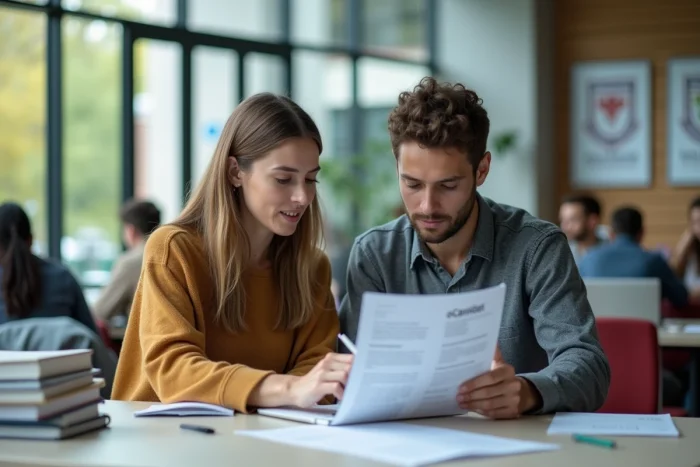 Deux étudiants consultant ensemble les instructions de la procédure eCandidat UHA sur le campus de Mulhouse