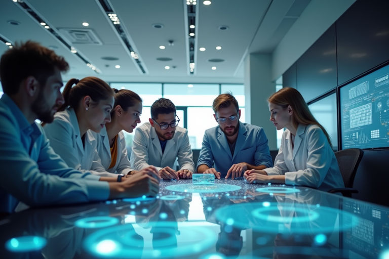 Groupe d'étudiants et chercheurs autour de prototypes technologiques