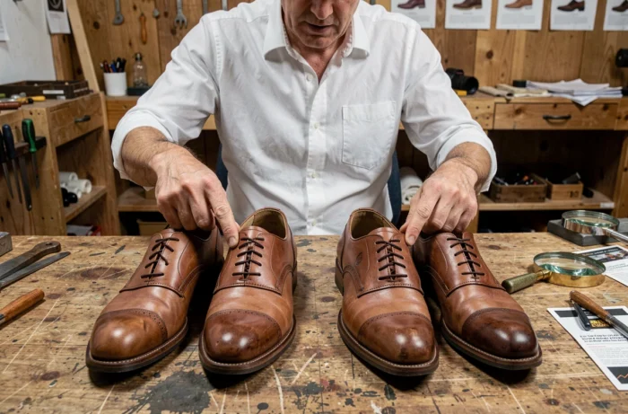 Expert comparant deux paires de chaussures Oxford pour identifier une contrefaçon sur un établi