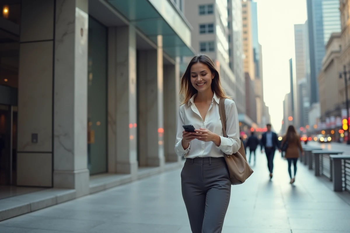 Jeune femme analyste financière marche en ville