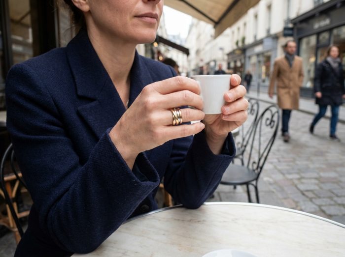 Femme élégante portant une bague trois ors attablée dans un café parisien avec tasse d'espresso