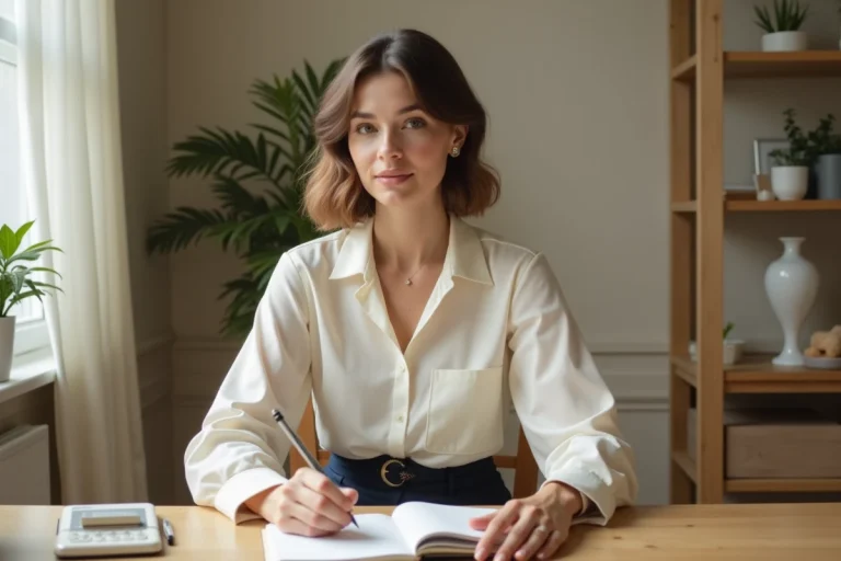 Femme en blouse crème et pantalon navy dans un bureau scandinave