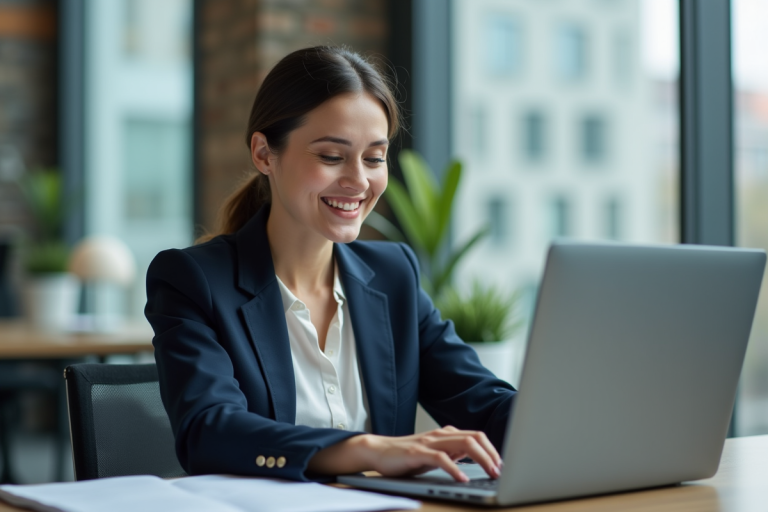 Femme en blazer navy travaillant sur son ordinateur en bureau