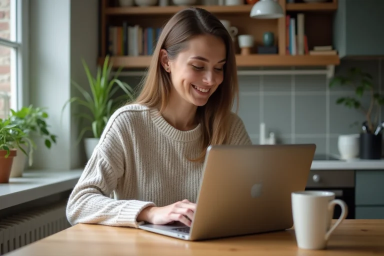 Femme détendue travaillant sur son ordinateur dans un intérieur cosy