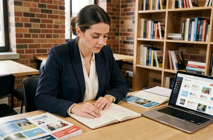 Femme professionnelle consultant des brochures de formation dans un espace de coworking moderne pour choisir la bonne formation de carrière