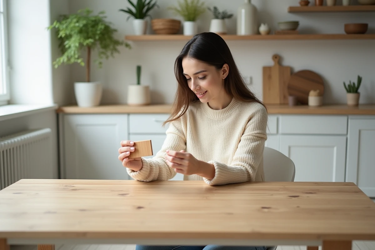Jeune femme comparant echantillons de bois melamine dans la cuisine