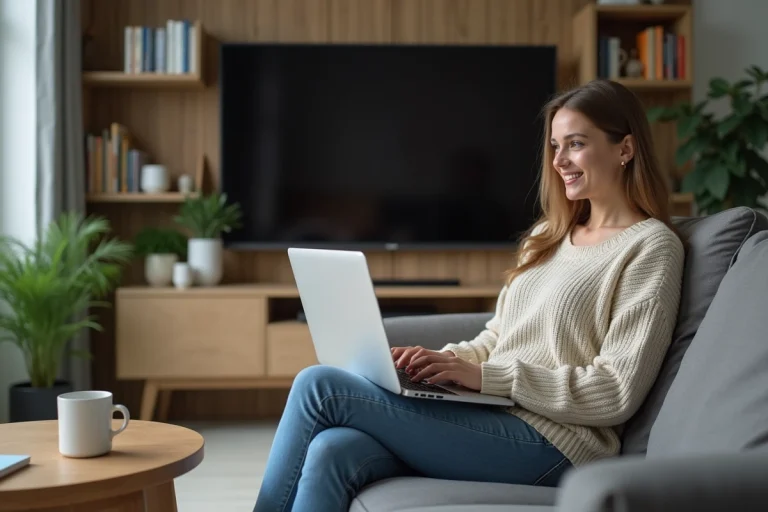 Femme détendue regardant la télévision dans un salon cosy