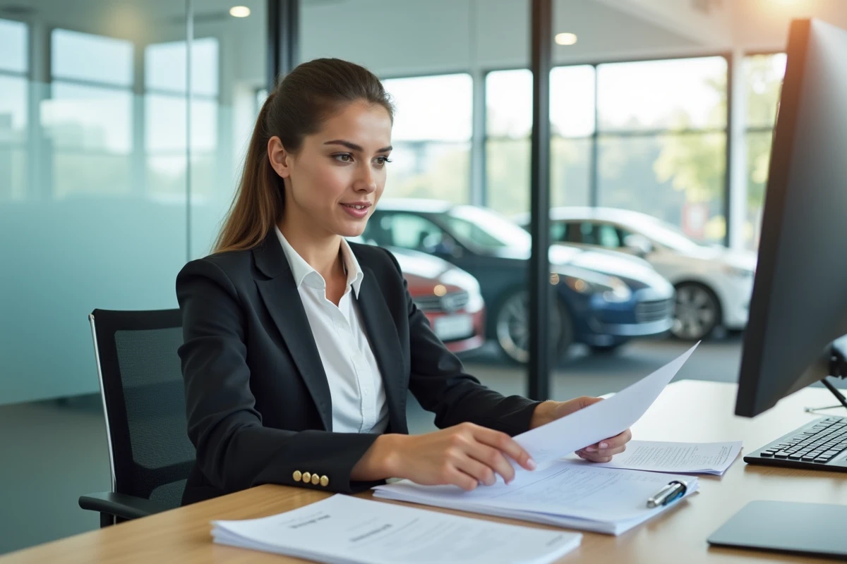 Femme en bureau de concession automobile examinant des documents