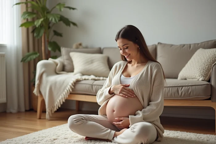 Femme enceinte relaxant dans un intérieur chaleureux