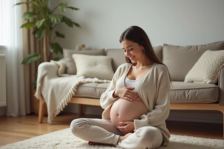 Femme enceinte relaxant dans un intérieur chaleureux