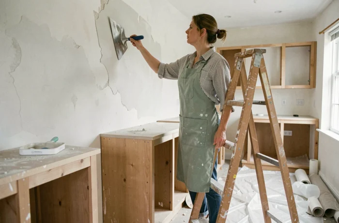 Femme appliquant du plâtre sur un mur dans une cuisine en rénovation, debout sur un escabeau avec une spatule