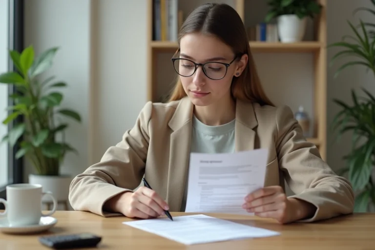 Jeune femme en bureau vérifiant fiche de paie et contrat