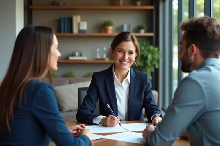 Femme d'affaires souriante discutant immobilier avec un couple