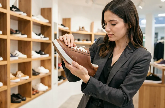 Femme inspectant la semelle d'une chaussure en cuir pour détecter une contrefaçon dans une boutique
