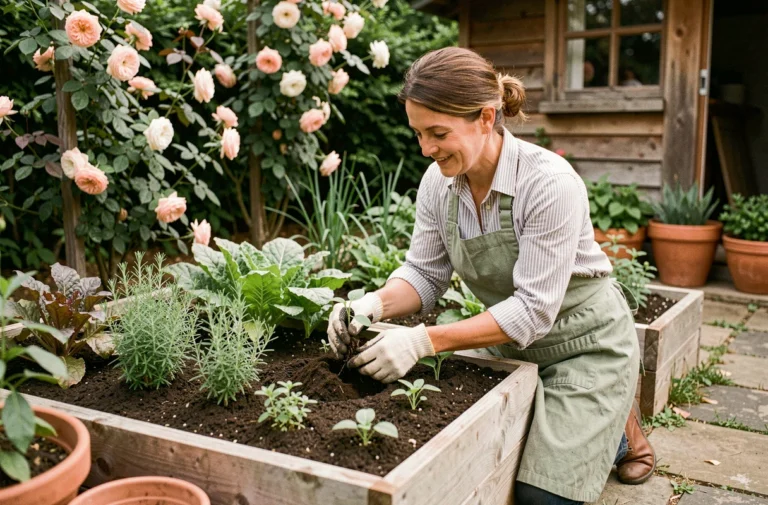 Femme jardinière replantant des semis dans un carré potager surélevé en bois entouré d'herbes aromatiques et de légumes