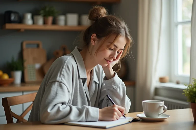 Femme en pyjamas écrivant dans un journal sur la table