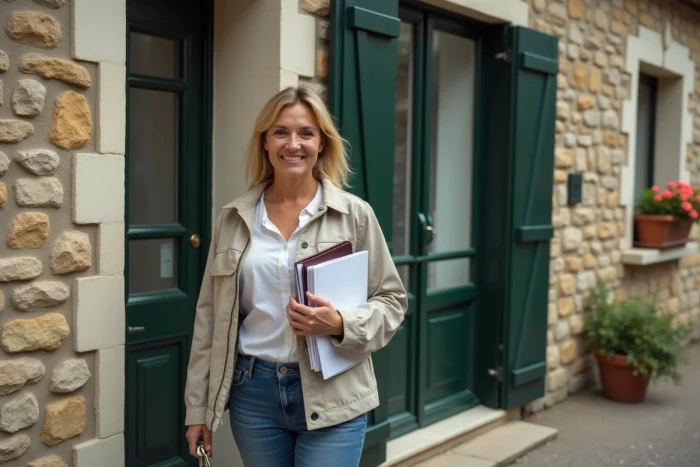 Femme devant sa résidence principale en pierre dans un village de province française avec des documents administratifs