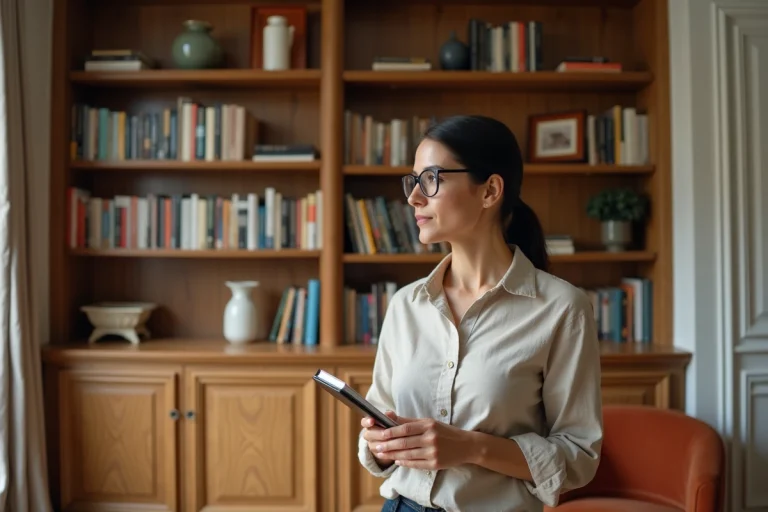 Femme mesurant les dimensions d'une bibliothèque sur mesure en bois dans un salon parisien classique