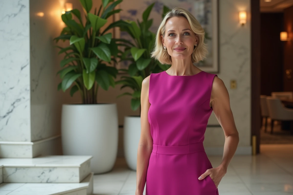 Femme en robe fuchsia dans un hall moderne