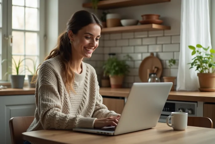Femme consultant le prix rouge La Redoute sur son ordinateur portable dans une cuisine moderne